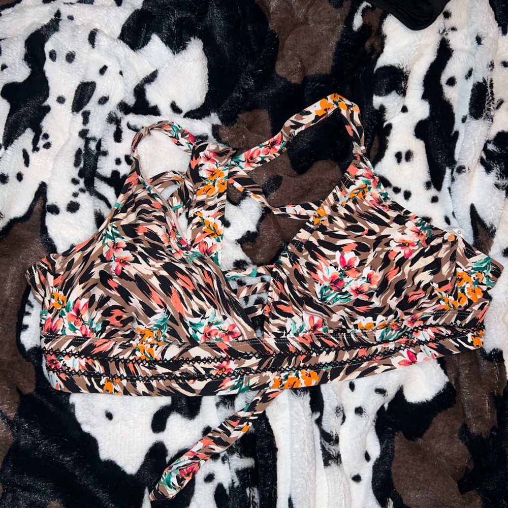 Time and Tru Floral Animal-Print Bikini Top in Tan, Black, Orange, Pink, Green
